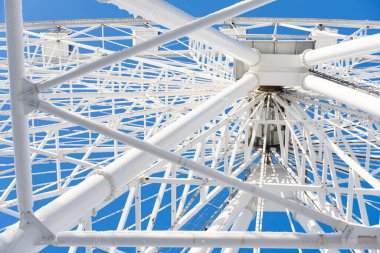 Açık bir kış gününde etrafı karla kaplı ağaçlarla çevrili beyaz dönme dolap. Parlak mavi gökyüzü, mevsimlik şehir parkı, şenlikli atmosfer, seyahat ve eğlence konsepti