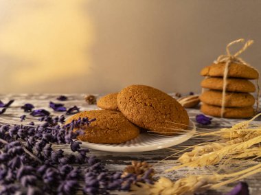 Beyaz tabakta üç ev yapımı yulaf ezmeli kurabiye, ahşap arka planda. Taze pişmiş tatlı ve fotokopi alanı ile fırın konsepti