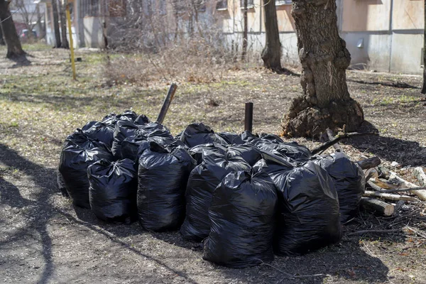 A bunch of black garbage bags with trash on the ground