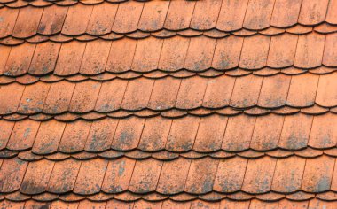 Arka plan olarak üstüste binen düz kiremitlerle kaplı eski kirli çatı