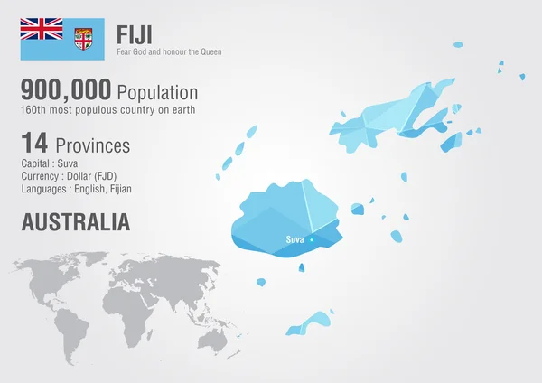 Mapa do mundo de Fiji com uma textura pixel diamante . — Vetor de Stock