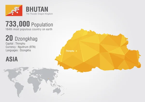 Bhutan mapa świata z piksela tekstury diament. — Wektor stockowy