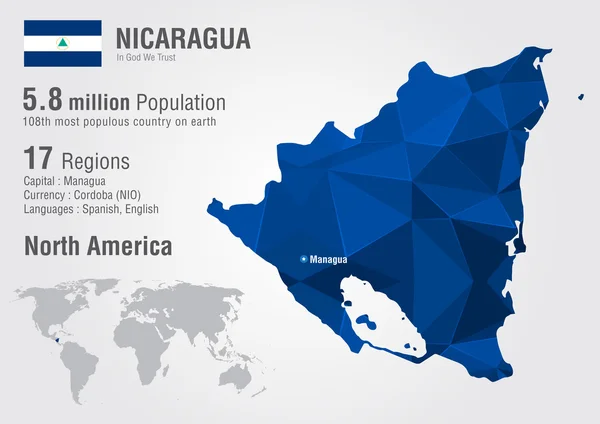 Mapa del mundo de Nicaragua con una textura de pixel diamante . — Archivo Imágenes Vectoriales