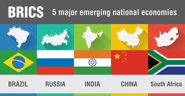 BRICS Brasil, Rusia, India, China, Sudáfrica mapa del mundo en fl — Vector de stock