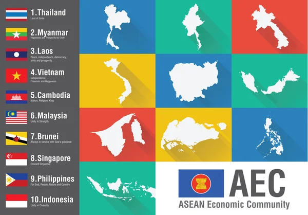 AEC Asean hospodářské společenství mapa světa s ploché styl a fla — Stockový vektor