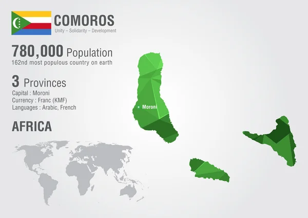 Comoros world map with a pixel diamond texture. — Stock Vector