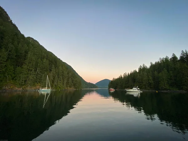 Boats Calm Anchorage Sunset British Columbia Canada — Stock Photo, Image