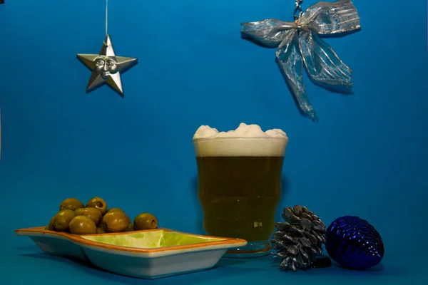 Toasted Beer Next Christmas Props Blue Silver — Stock Photo, Image