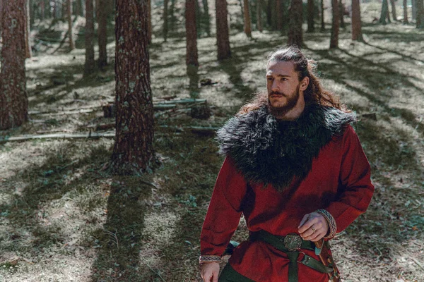 Viking Angry Look His Face Norwegian Forest Rechtenvrije Stockafbeeldingen