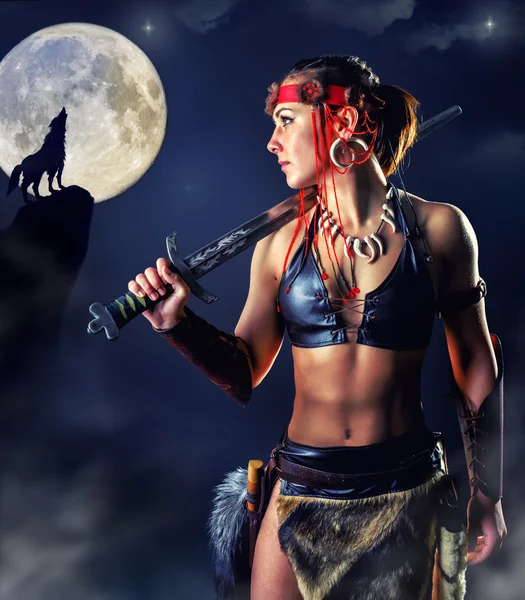 Northern girl warrior in the mystic night — Stockfoto