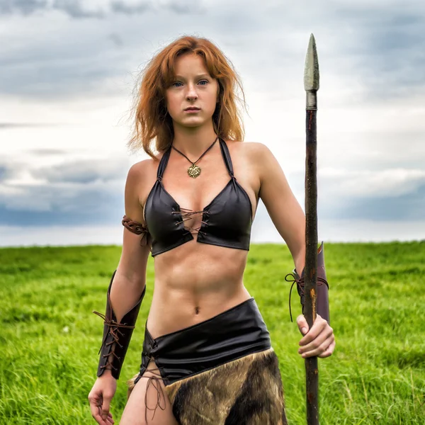 Girl warrior in the field. Amazon on patrol. — Stock Photo, Image