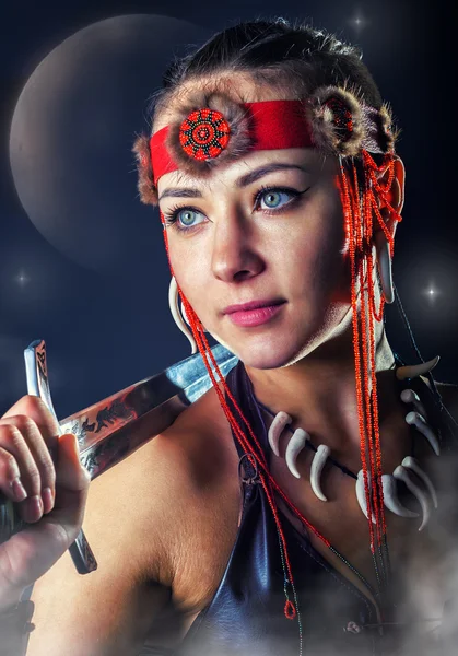 Northern warrior woman. Portrait with sword. — Stock Photo, Image