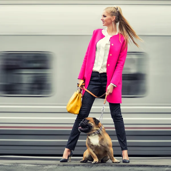 Bir köpek platform ile güzel modern kız