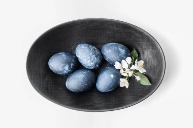 Paskalya kompozisyonu: Kozmos tarzında boyanmış yumurtalar ve beyaz arka planda çiçek açan bahar dalları.