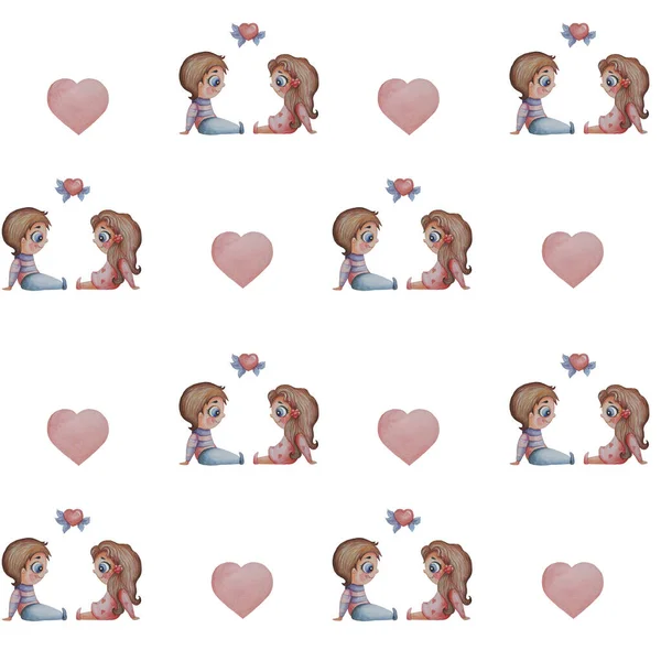 Seamless patterns. Love and people. Cute boy and girl are sitting on a pink background with hearts. Watercolor illustration. Romantic and love collection for valentines, packaging, design, textiles. — Stock Photo, Image