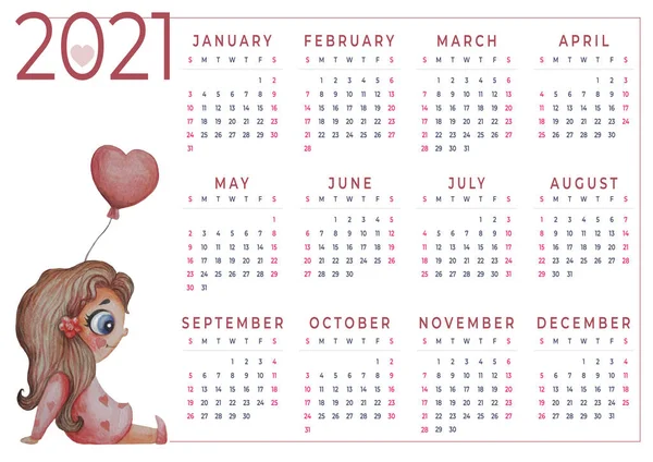 Kalender 2021 Akvarell Årskalender För 2021 Akvarell Söt Tjej Som — Stockfoto