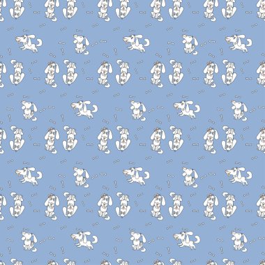 Evcil hayvanlarda kusursuz desen. Mavi arka plan ve 4 sevimli beyaz köpek. Bir erkek ve bir kız dilleri dışarıda oturuyorlar. Bir başkası kulağını kaşır. Komik bir köpek koşar. Vektör. Tasarım, ambalaj, dekorasyon için.