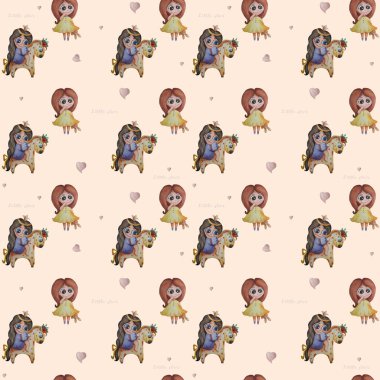 Tatlı çocuk koleksiyonu. Kusursuz desen. Şirin kızlar - Süslü bir atın üstünde küçük bir prenses ve ellerinde oyuncak bir tavşan olan pembe kalpli bir kız. Suluboya. El çizimi