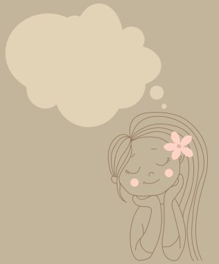 Gözleri kapalı tatlı bir kadın hayal kuruyor ve onun üstünde bir mesaj yazma balonu var. Vektör çizimi. Taslak çizimi. Arka planda izole edilmiş. Covid-19 konsepti 