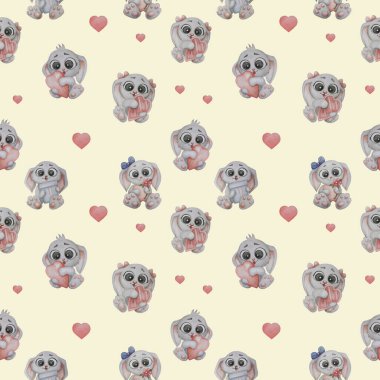 Kusursuz desen. Sevimli hayvanlar. Küçük Yaban Tavşanları - kızlar ve oğlanlar - bir kalbi, kırmızı bir çiçeği ve açık pembe arka planda açık pembe bir kutuda patilerinde hediyeler. Suluboya. El çizimi