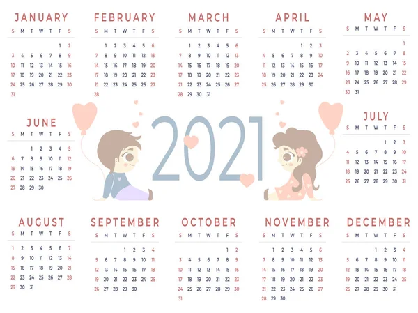 Calendário 2021 Modelo Horizontal Por Ano Meses Amantes Menina Bonita —  Vetores de Stock