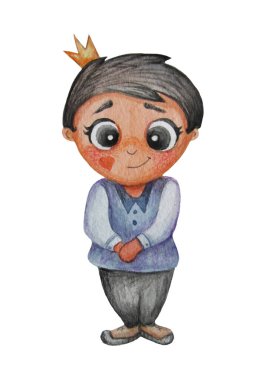 Kafasında taç olan sevimli bir peri masalı prensi. Çocuk illüstrasyonu. Suluboya. Beyaz arka planda el çizimi. Yüksek kalite çizim. Çocuk tasarımı, kartpostallar, kıyafetler için.