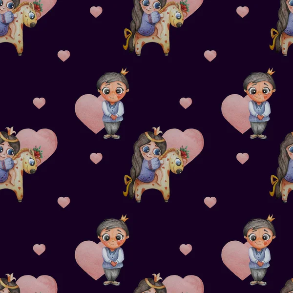 Cute kids collection. Seamless pattern. Little girl princess with a long braid and a bow on a unicorn and a prince on a dark blue background with hearts. Watercolor. for packaging, wallpaper, textile