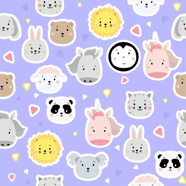 Seamless patterns. Kids collection. Cute animal stickers - bear, lion and penguin, unicorn and rabbit, hare and sheep, cat, horse, koala and panda on a blue background with hearts. Vector illustration