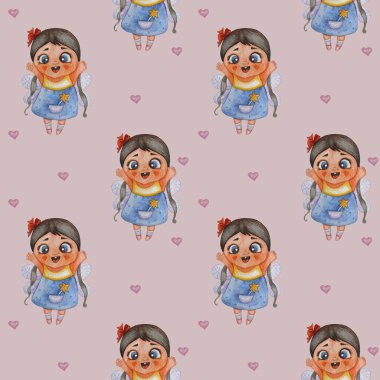 Tatlı çocuk koleksiyonu. Kusursuz desen. Kafasında kırmızı bir fiyonk, uzun saçlar, kanatlar ve cebinde pembe arka planda kalpleri olan sihirli bir değnek olan komik küçük peri kız. Suluboya. El çizimi