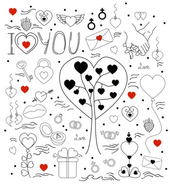 Aşk karalaması. El vektörü illüstrasyonu Aşk ve Sevgililer Günü. Kalpler ve cinsiyet işaretleri, alyanslar ve hediyeler, madalyalar çift kalp, kadın ve erkek eli, aşk ağacı. Tatil tasarımı için. Vektör 