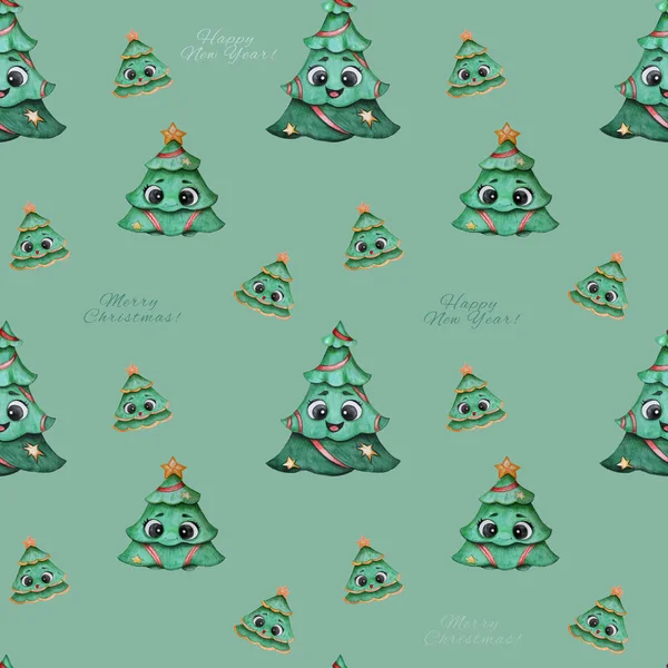 Seamless Christmas pattern. Cute New Year character - Christmas festive tree with face, eyes and a smile on a green background. Watercolor. Hand drawing. For New Years design and decoration