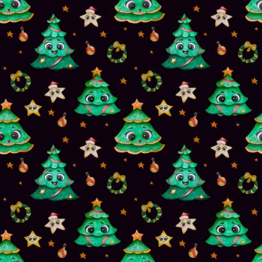 Noel deseni. Kusursuz desen. Yüzü, gözleri ve siyah arka planda Noel Baba şapkası takan, Noel süslemeleri olan sevimli bir Noel ağacı. Suluboya. El çizimi 