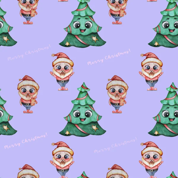 Christmas pattern. Merry festive Christmas tree with face and eyes and cute Santa with gifts on a light blue background with festive greetings - Merry Christmas. Watercolor. Seamless pattern