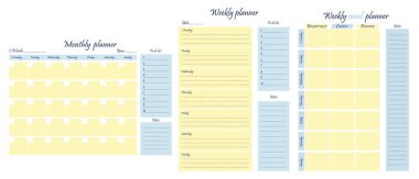 Planlama şablonları ayarlandı. Planlamacılar paketi - haftalık, aylık, haftalık, haftalık yemek planı, yapılacaklar listesi, hedefler, not şablonu. İş organizatörü ve kişisel meseleler. Planlama için kırtasiye malzemeleri. Vektör illüstrasyonu