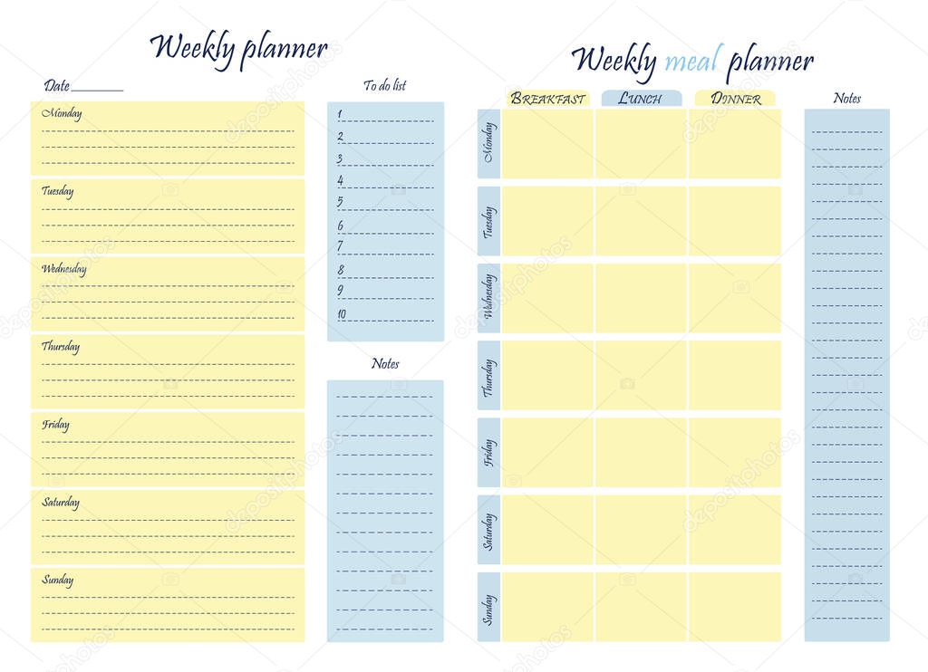 Planning template set - weekly meal and business planner template. Food diary, sheet of paper, space for notes. Stationery for planning menus and groceries and groceries. Vector illustration