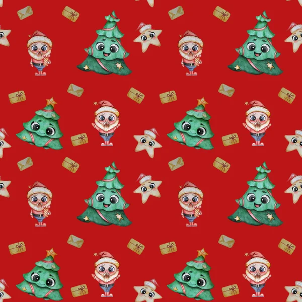 Χριστουγεννιάτικο μοτίβο. Χαριτωμένοι χαρακτήρες της Πρωτοχρονιάς - Άγιος Βασίλης, ένα εορταστικό δέντρο και ένα αστέρι της Πρωτοχρονιάς σε ένα καπέλο με πρόσωπα και μάτια σε ένα κόκκινο φόντο. Υδατογραφία. Για εορταστικό σχεδιασμό, διακόσμηση και συσκευασία — Φωτογραφία Αρχείου