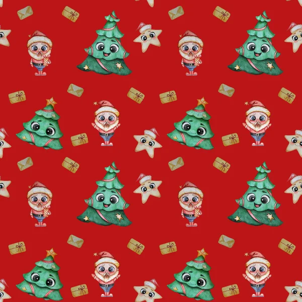 Christmas pattern. Cute New Year characters - Santa Claus, a festive tree and a New Year star in a hat with faces and eyes on a red background. Watercolor. For festive design, decor and packaging