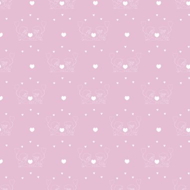 Kusursuz desenler. Çocuk koleksiyonu. Tatlı çocuk melekleri, balonları ve kalpleri olan bir kız ve bir oğlan. Hassas pembe arka planda beyaz çizim. Vektör. Sevgililer günü kartı, tekstil ve ambalaj için.