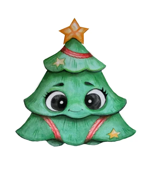 Słodki Charakter Zielona Choinka Twarzą Uśmiechem Gwiazdą Akwarela Ręczny Rysunek — Zdjęcie stockowe
