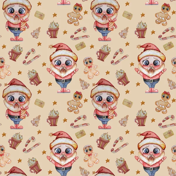 Świąteczny Wzór Słodki Święty Mikołaj Prezentem Beżowym Tle Słodyczami Karmelowym — Zdjęcie stockowe