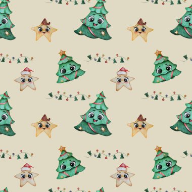 Noel deseni. Gözleri olan sevimli bir Noel ağacı, çelenkli bej bir arka planda Noel Baba şapkası takan neşeli yıldızlar. Suluboya. Kusursuz desen. Yeni yıl dekorasyonu ve tasarımı için el çizimi