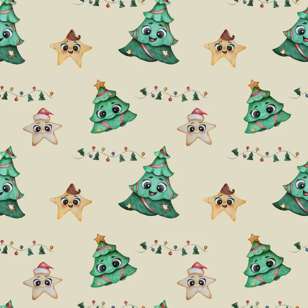 Christmas pattern. Cute Christmas tree with eyes, playful stars with faces in a Santa hat on a beige background with garlands. Watercolor. Seamless pattern. Hand drawing for New Years decor and design