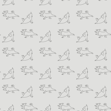 Kusursuz desen. Hayvan yogası. Köpek yogası. Asya 'da komik bir köpek yavrusu. Spor egzersizi yapıyor. Açık gri arkaplanda vektör çizgisi