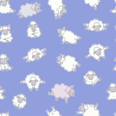 Kusursuz desenler. Hayvan yogası. Şirin koyunlar spor, jimnastik ve asanas için içeri girer. Mavi arkaplanda vektör çizimi. Çiftlik hayvanları yoga etiketleri. Paketleme, tekstil, duvar kağıdı için