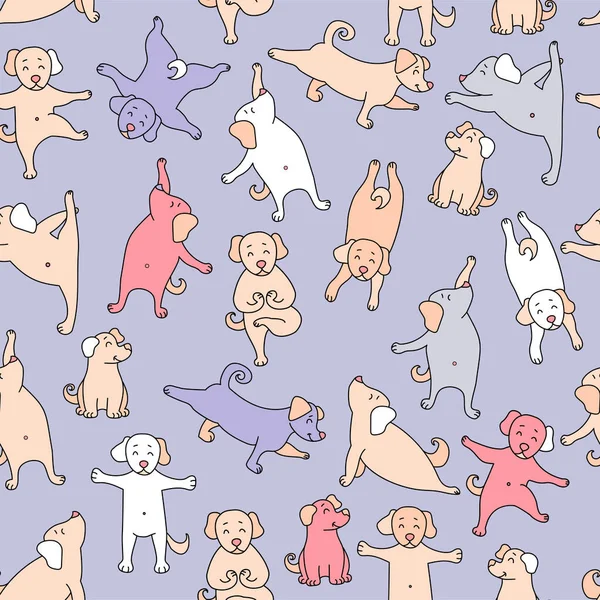Seamless pattern. pets yoga. cute colorful puppies go in for sports, gymnastics and stand in an asana. Vector illustration on a purple background. Dog yoga. For design, packaging, textiles, wallpaper