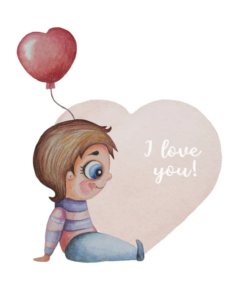 Romantic Valentine Love You Cute Enamored Boy Sitting Balloon Pink — 图库照片