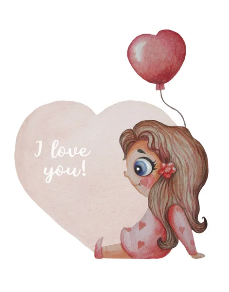 浪漫的情人节与文字 我爱你 一个可爱的恋爱中的女孩坐在红球上 背景是一颗粉红的心 水彩画手绘在白色背景上 设计及婴儿收集 — 图库照片