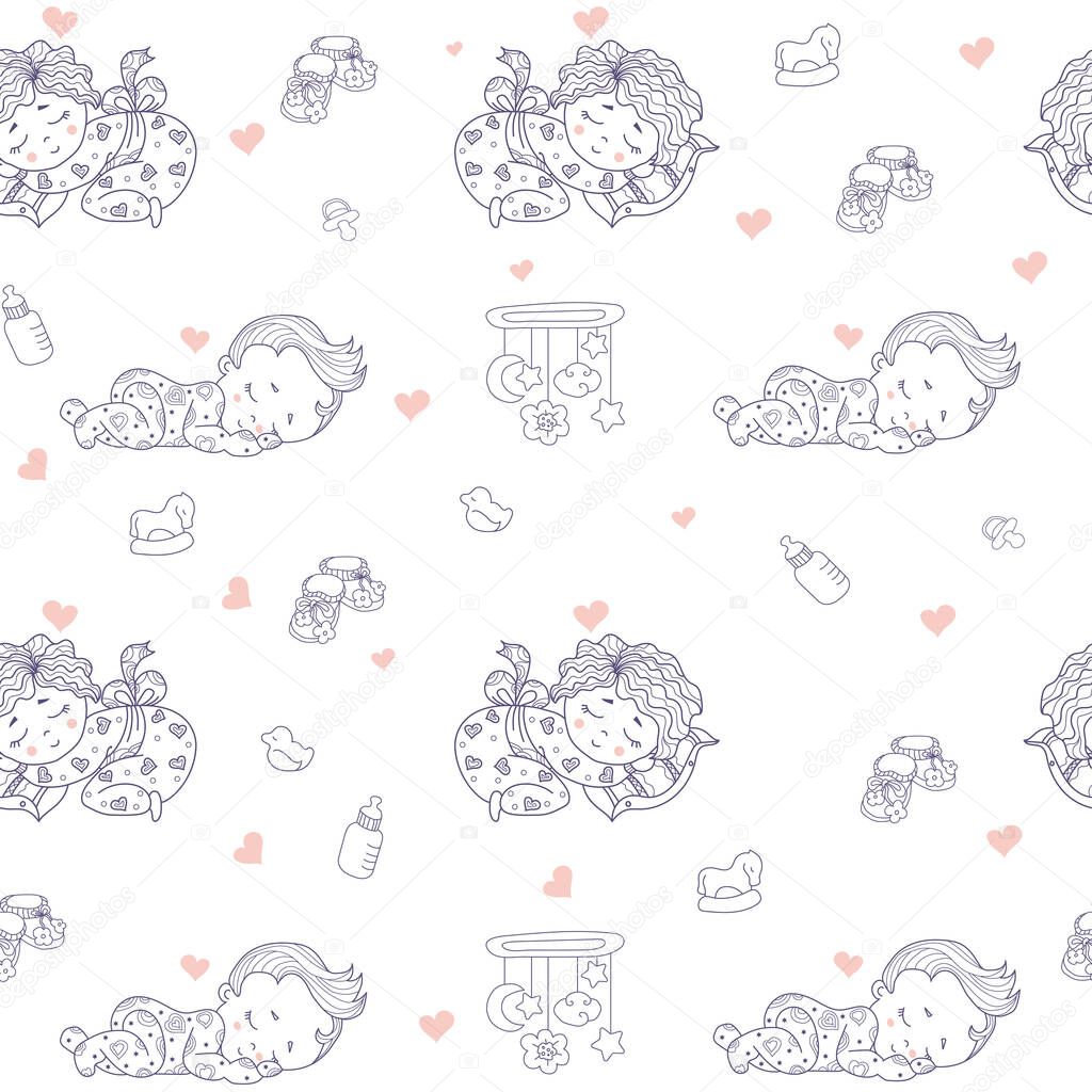 Seamless patterns. Cute baby in pajamas sleeps on pillow. Decorative drawings of babies against a white background with toys and rattles, nipples. outline. Vector. Kids collection for textiles, decor