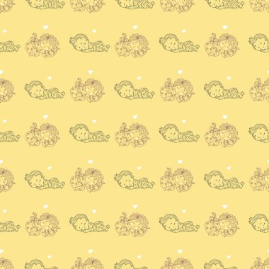 Kusursuz desenler. Pijamalı şirin bebek yastıkta uyuyor. Sarı arka planda dekoratif çizimler. Özet geç. Vektör. Tekstil, dekorasyon, dekor, tekstil ve duvar kağıdı için çocuk koleksiyonu