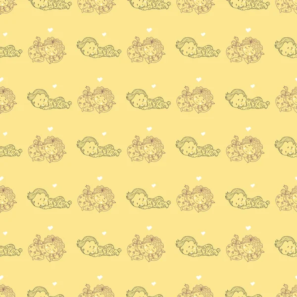 シームレスなパターン パジャマ姿の可愛い赤ちゃんが枕の上で寝ています 黄色の背景に装飾的なイラスト アウトライン ベクトル テキスタイル 織物や壁紙のための子供コレクション — ストックベクタ